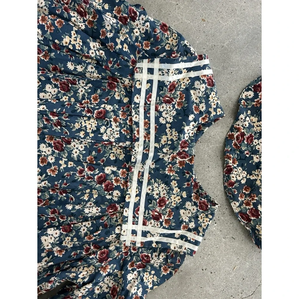 VINTAGE COTTAGECORE FLORAL BIB COLLAR DRESS & HAT SZ L Kids By La Belle‎